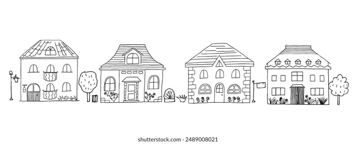 Houses set. Hand-drawn doodle vector urban illustration. Cartoon habitation. Black and white Children's drawings.