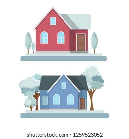 Houses set  modern illustration front apartment