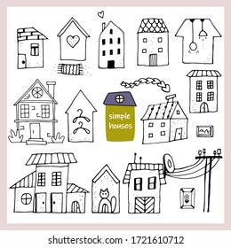 Houses set, single elements, sketch doodle style. Stock vector illustration set on white background.