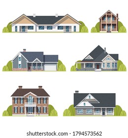 Houses set. Suburban American houses exterior flat design front view with roof and some trees. Collection of classic and modern American houses isolated on the white background. Vector Illustration