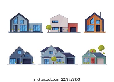 Houses Set. Vorort- und Stadthäuser - Fassaden - Vektorgrafik