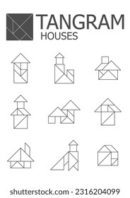 Houses Set tangram Linear illustration on a white background. isolated icons. Tangram children brain game cutting transformation puzzle vector set.