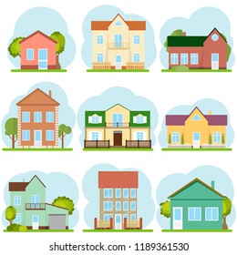 Casas, un conjunto de casas con árboles y vallas. Diseño plano, ilustración vectorial.