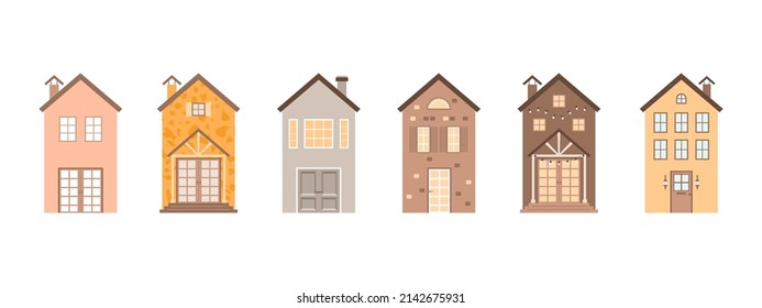 Houses set. Two-storied buildings, city or town isolated elements. Vector illustration for banners, real estate, rent concepts.