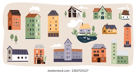 Houses set vector illustration. Small building for city or village design in trendy modern flat cartoon style. Cute scandinavian color urban landscape.