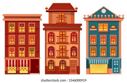 Houses set vector, isolated buildings exteriors. Architecture of city, town or village. Modern and vintage design of construction. Floor decorated with stars and garlands for Christmas celebration