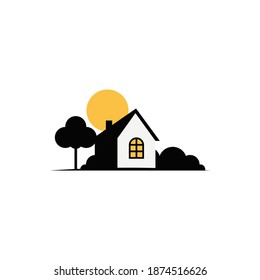 houses side by side with trees on the right and left, yellow sun on the background. best for housing icons, real estate logo, country house illustration.