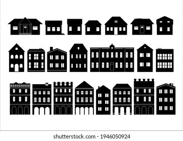 Schwarz-Weiß-Silhouette-Clipkunst von Häusern und Gebäuden in kleinen Stadtstraßen