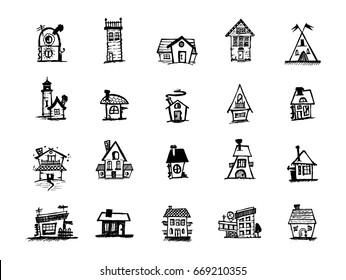 Houses sketches. Building icons set in hand draw style isolated vector illustration.