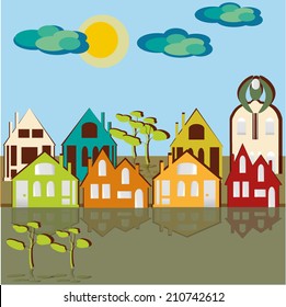 Houses, sky and clouds.Eight houses, sky and clouds. Square vector illustration