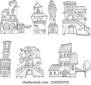 Houses And Small Houses, Medieval Village, Cottage, Tower: Funny Black And White Illustration For Coloring Books Or Scenarios