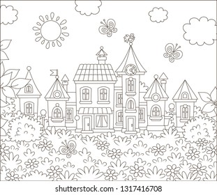 Houses of a small town among trees, grass, flowers and butterflies on a sunny summer day, black and white vector illustration in a cartoon style for a coloring book