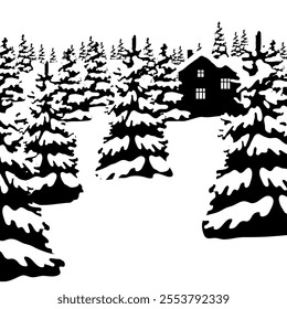 Houses in the snow. Beautiful house in a snowy spruce forest. Christmas and New Year greeting card and poster template design. Vector Illustration