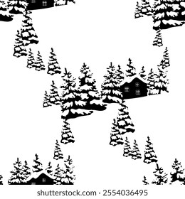 Houses in the snow. Seamless pattern of a beautiful house in a snowy spruce forest. Christmas gift wrap, fabric, textile and wallpaper. Vector illustration