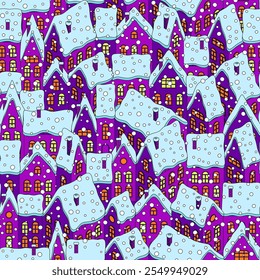 houses with snow-covered roofs are an isometric projection. Cute beautiful winter town  seamless pattern.Texture for fabric, wrapping, wallpaper