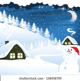  Houses and snowman in a snow covered pine forest. Winter landscape