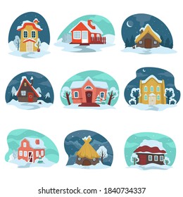 Houses with snowy rooftops, isolated buildings in rural winter landscape. Cottages and residences, cozy chalets in village or countryside. Scenery of apartments and snowfall, vector in flat style