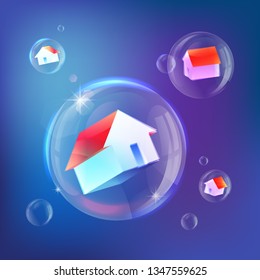 Houses In Soap Bubbles Vecor Metaphor Of Housing Market Bubble, Real Estate Market Bubble, Booming, Industry And Subprime Mortgage. Red Roofed Houses On Blue Background. Eps 10.