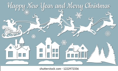 houses, spruce, wood, sleigh, reindeer. Vector. Plotter cutting. Cliche. The image with the inscription - merry Christmas. For laser cutting, plotter and silkscreen printing.