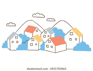 Houses standing in a row against a mountain background_Colors