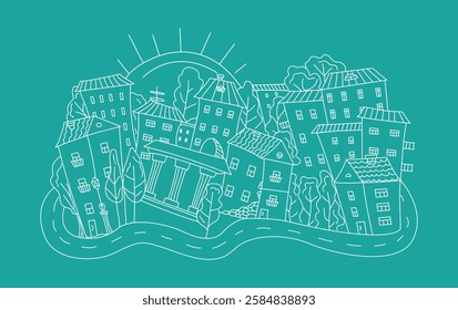 Houses, street, hand drawn old European city. Drawing, doodle. Outline, architecture, construction, monochrome vector graphics, illustration on isolated background.