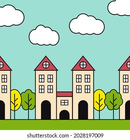 Houses, a street with residential cottages, suburban two-storey buildings. House facades with green and yellow trees. Vector illustration