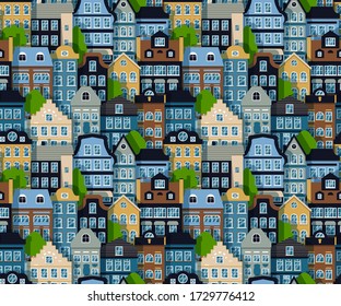Patrón sin fisuras de las casas con fondo de edificio europeo de tres capas con el signo de la fachada de la ciudad de caricatura plana de color. Ornamento repetido para el envoltorio de papel, decoración de papel pintado de tela Ilustración vectorial