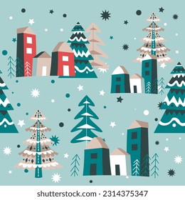Casas y calles, pinos cubiertos de nieve. Paisaje invernal estacional, nevadas y ventisca en la ciudad o pueblo al aire libre. Papel de fondo o patrón impecable. Vector de estilo plano