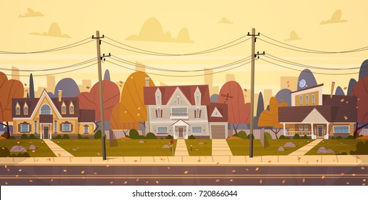 Houses Suburb Of Big City In Autumn, Cottage Real Estate Cute Town Concept Flat Vector Illustration