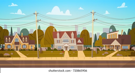 Houses In Suburb Of Big City In Summer, Cottage Real Estates Cute Town Concept Flat Vector Illustration