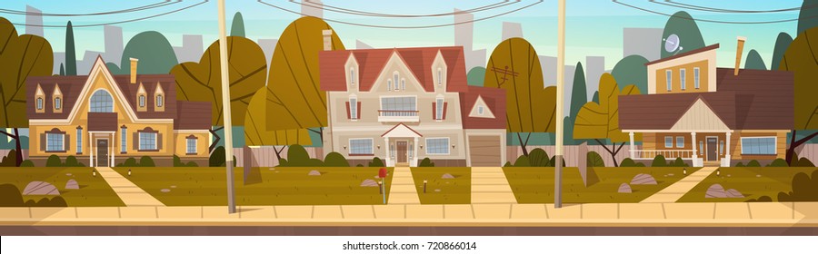 Houses In Suburb Of Big City In Summer, Cottage Real Estates Cute Town Concept Flat Vector Illustration