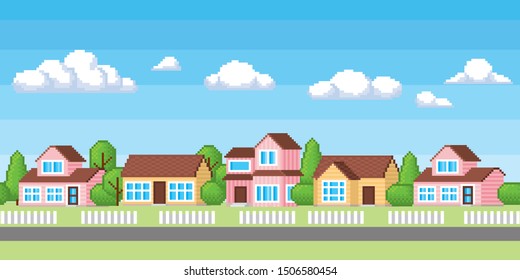 Houses in suburb neighborhood. Green park landscape with grass, trees, flowers and clouds. Horizontaly seamless background. 8-bit pixel art video game style.