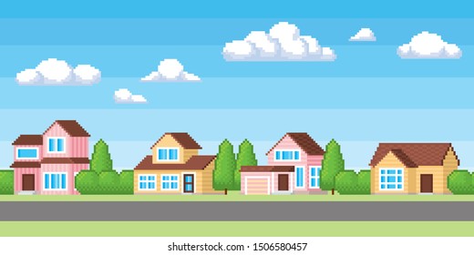 Houses in suburb neighborhood. Green park landscape with grass, trees, flowers and clouds. Horizontaly seamless background. 8-bit pixel art video game style.