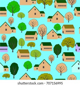 Houses surrounded by green trees, green town, village, blue background, cute house. Seamless pattern.  Freehand drawing vector with doodles. modern seamless pattern.