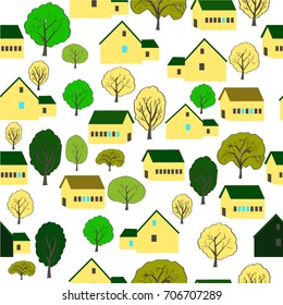houses surrounded by trees, houses and trees, village, outside the city, green town.  Freehand drawing vector with doodles. modern seamless pattern.
