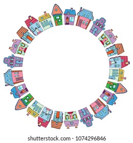 Houses that are arranged in a circle. Illustration of a city landscape with townhouse. Doodle style. Suitable for advertising materials of real estate agencies