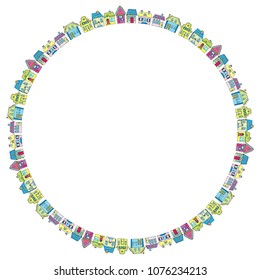 Houses that are arranged in a circle. Illustration of a city landscape with townhouse. Doodle style. Suitable for advertising materials of real estate agencies
