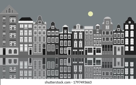 Houses and their reflection in the water in the Amsterdam city. Illustration in Flat Style. Can be used in web-design, infographics, banner, flyers, checklists