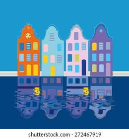 Houses and their reflection in the water vector illustration