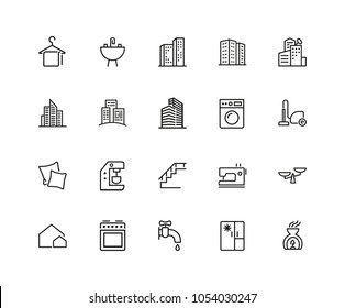 Houses and tools icons. Residential district, coffee machine, fridge. Home services concept. Vector illustration can be used for topics like domestic life, public service, housing development