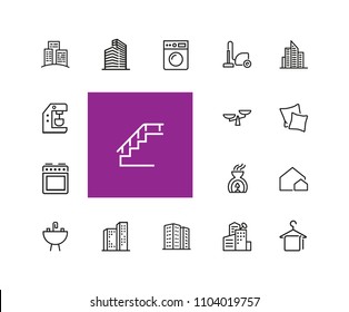 Houses and tools icons. Residential district, coffee machine, fridge. Home services concept. Vector illustration can be used for topics like domestic life, public service, housing development