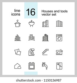 Houses and tools icons. Residential district, coffee machine, fridge. Home services concept. Vector illustration can be used for topics like domestic life, public service, housing development