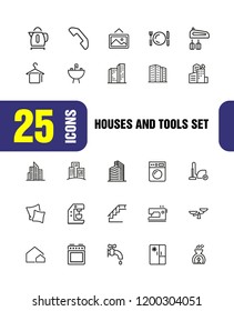 Houses and tools icons. Residential district, coffee machine, fridge. Home services concept. Vector illustration can be used for topics like domestic life, public service, housing development