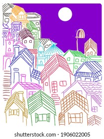  Houses in town at night vector illustration. Line art,colorful, rough.