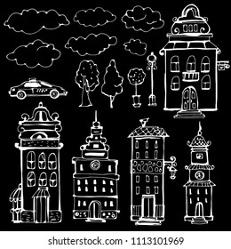 Houses, trees, clouds, car, lantern. Hand drawn design element set. Isolated on black background