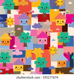 houses, trees and clouds kids pattern