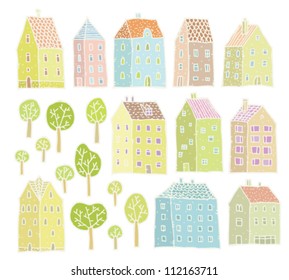 Houses and Trees collection: set of isolated elements