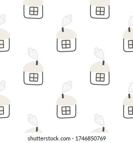 Houses and trees hand drawn seamless vector fill. Cute childish drawing. Baby wrapping paper, textile, vector illustration 