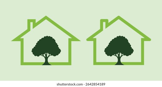 houses with trees inside, symbolizing eco-friendly homes, sustainable living, environmental protection, and green energy solutions.