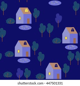 The houses and trees on blue background. Vector seamless pattern with houses, trees and lakes.